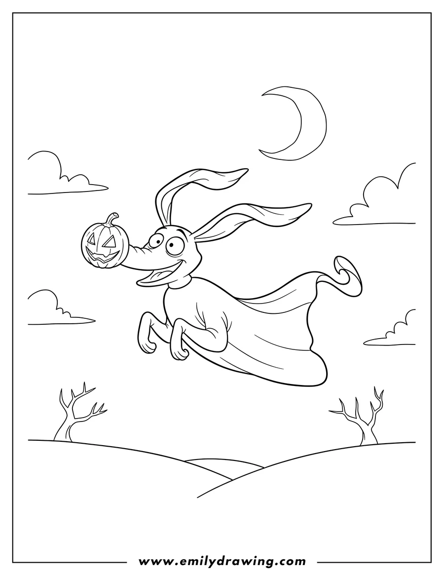 Simple sketch of nightmare Before Christmas Zero flying with his pumpkin nose to color