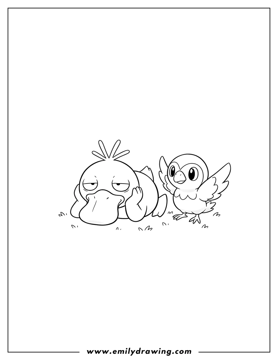 Simple sketch of psyduck lying down with Natu beside it to color