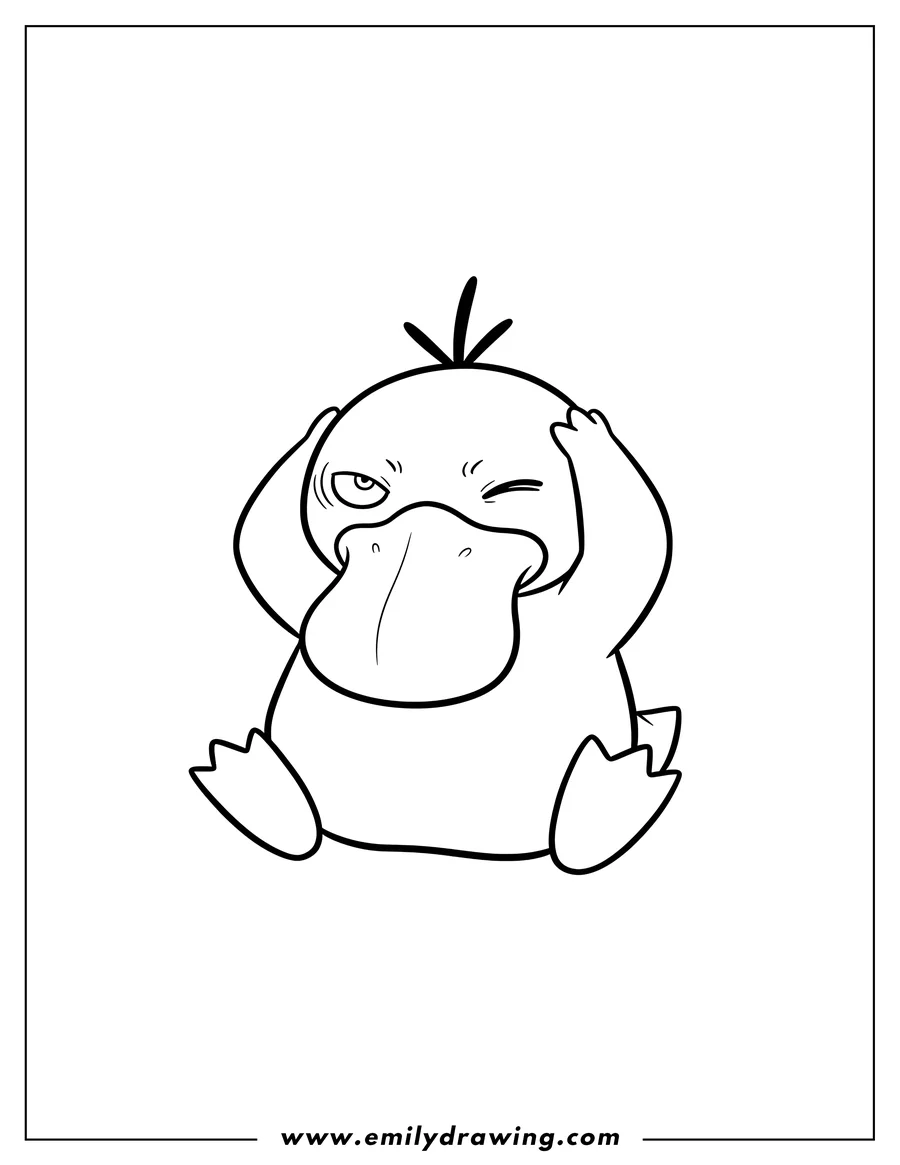Coloring page of simple Psyduck sitting with hands on its head and one eye closed, indicating a headache