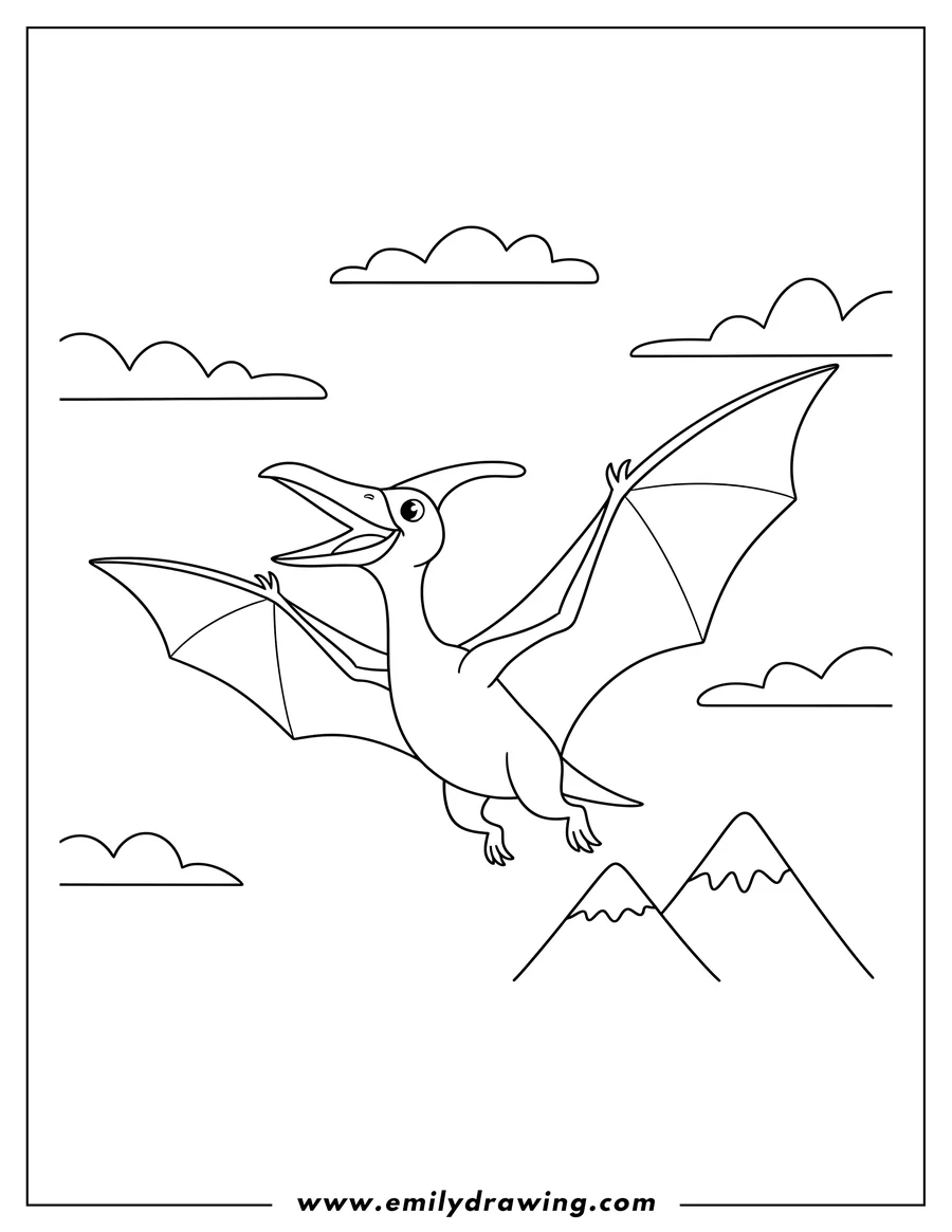 PDF style coloring page: simple Pterodactyl flying, mouth open