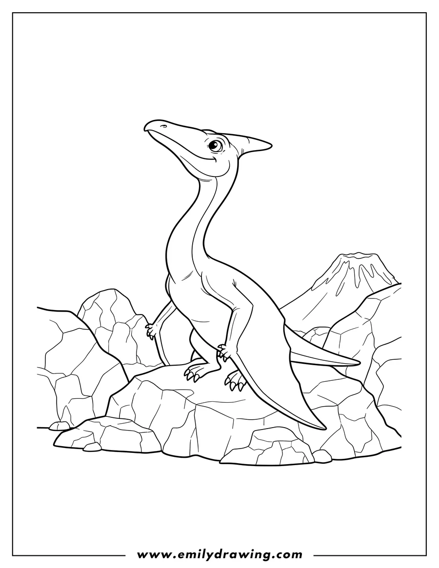 Free to print drawing of pterodactyl resting on rocky ground with wings folded and head looking up