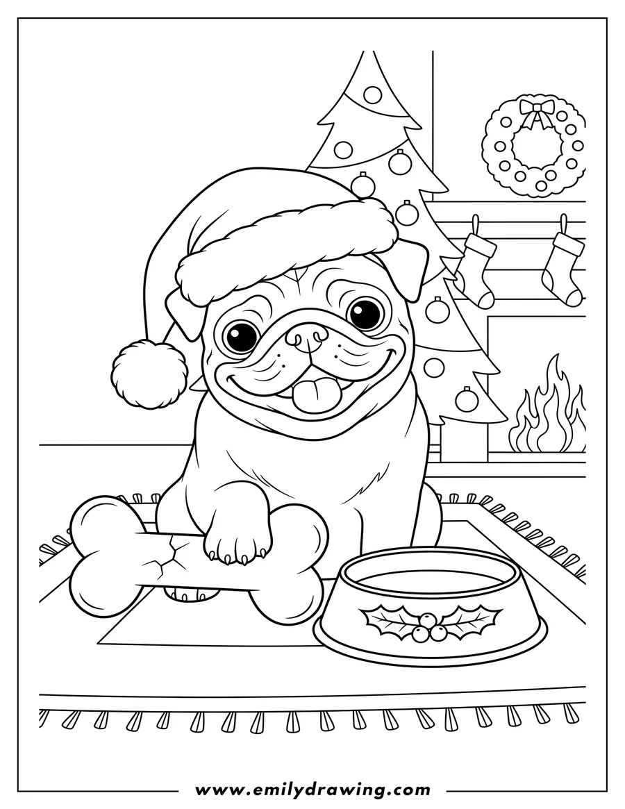 Printable line art of pug wearing a Santa hat, standing with a bone and food bowl during Christmas