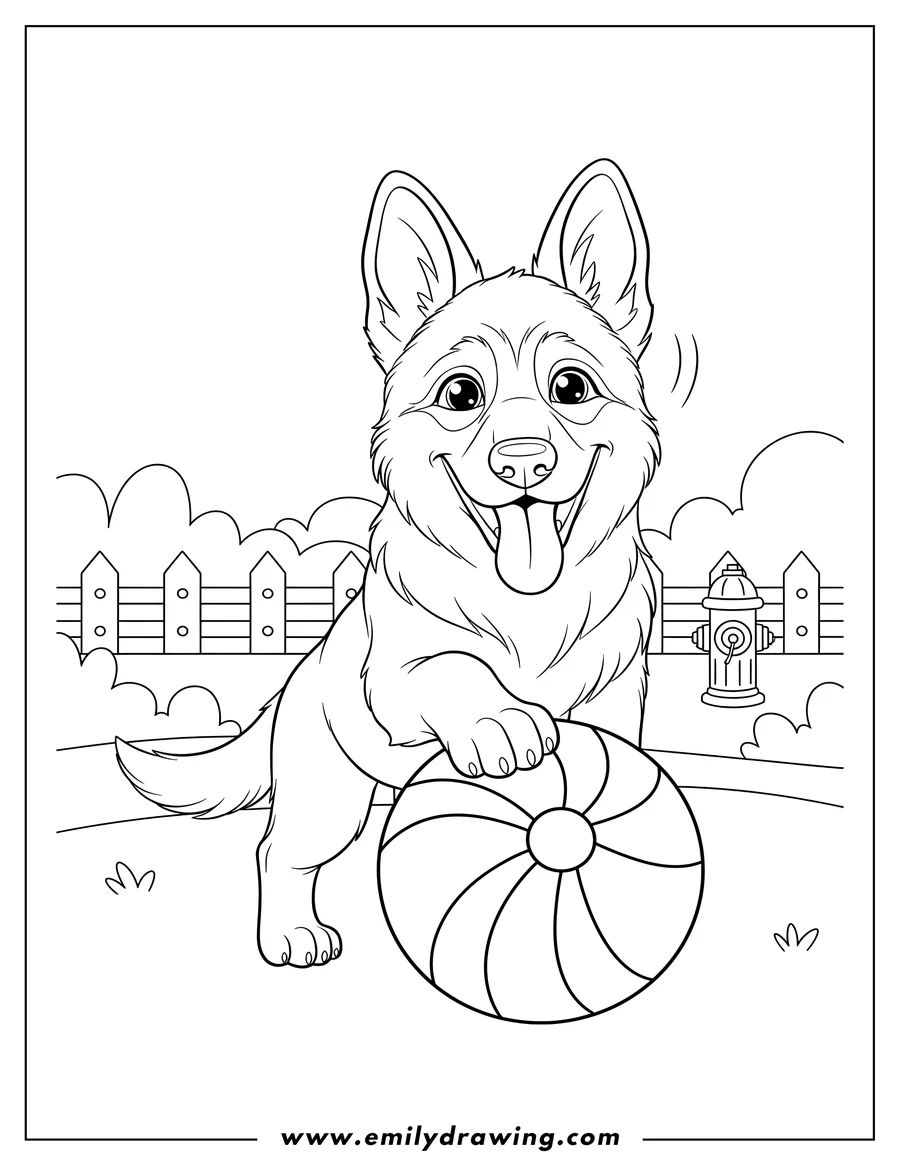 Full page coloring image of german Shepherd puppy smiling with its tongue out, paw on a striped ball, playing in a Dog Park