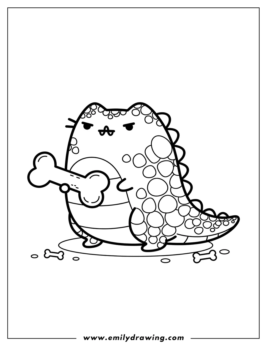 Coloring page for kids: pusheen T Rex Dinosaur With Bones Scaled, grumpy, holding a bone