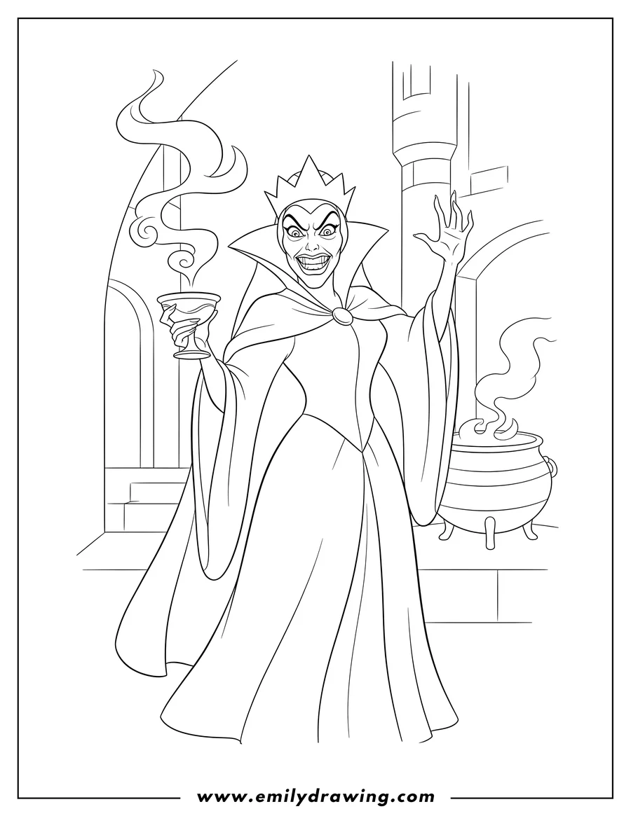 Simple sketch of queen Grimhilde, the Disney Villain, with an evil grimace, holding a smoking goblet and raised hand to color