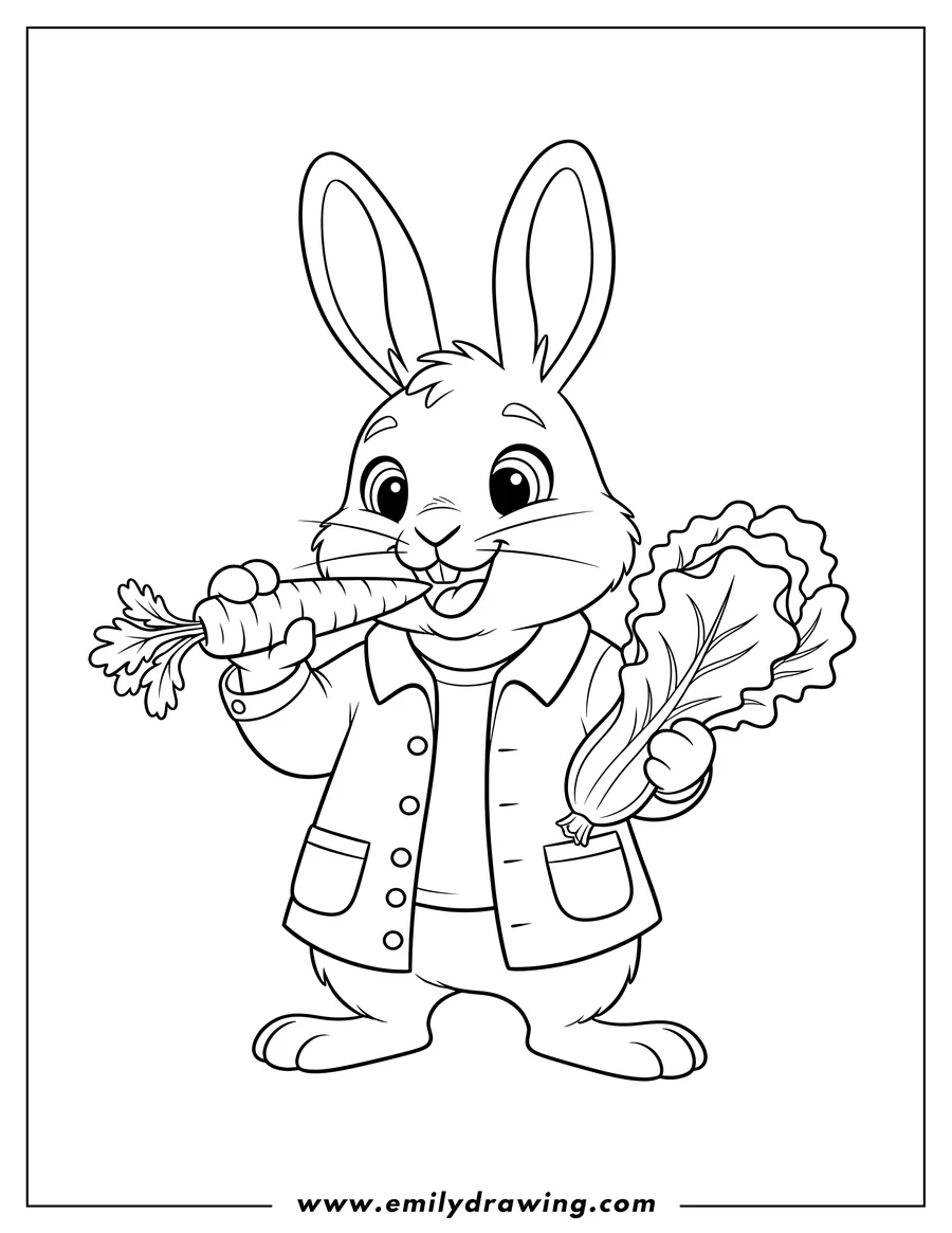 Clean line drawing: rabbit wearing a jacket, holding a carrot to its mouth, and a large lettuce leaf