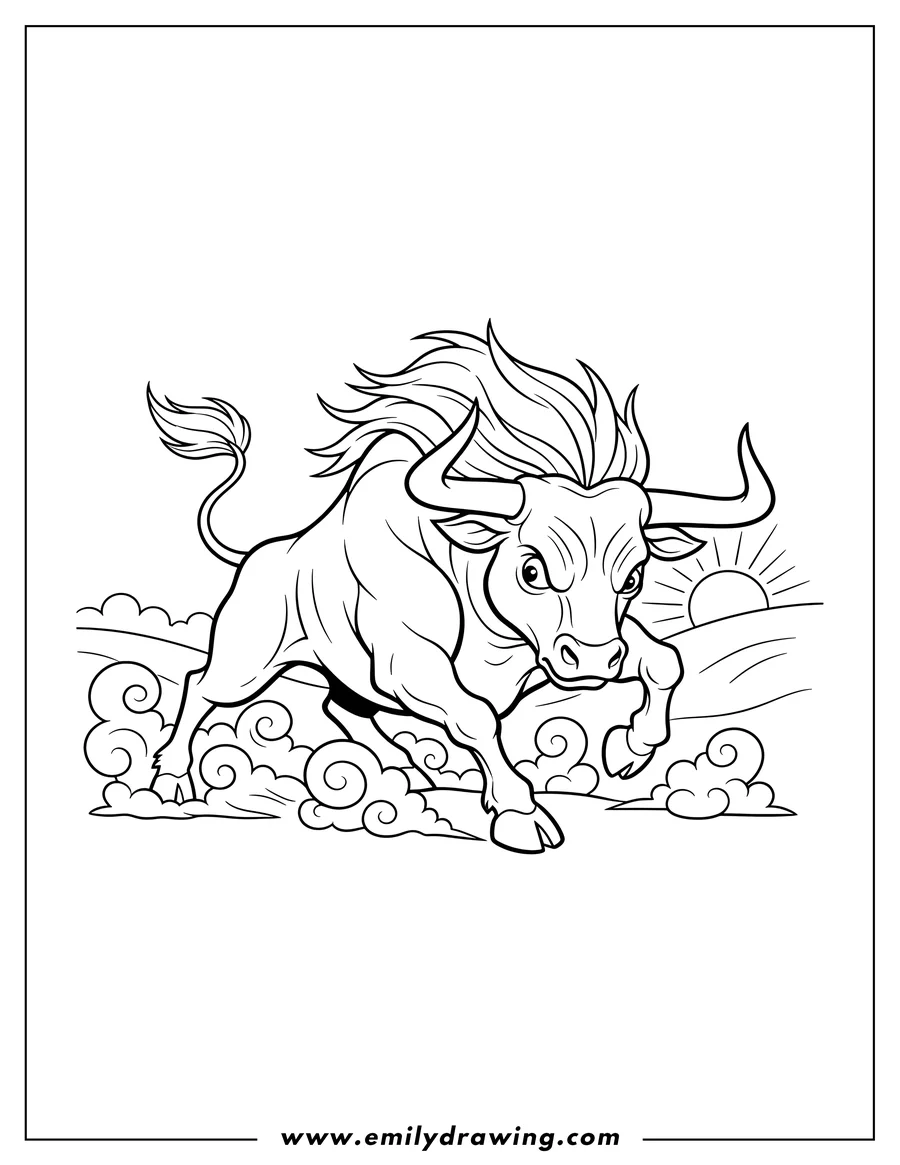 Coloring sheet featuring raging bull charging forward