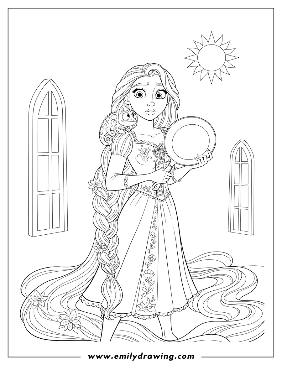 Vector style outline of rapunzel with a curious expression, holding a frying pan with both hands, with Pascal on her shoulder, to color scaled