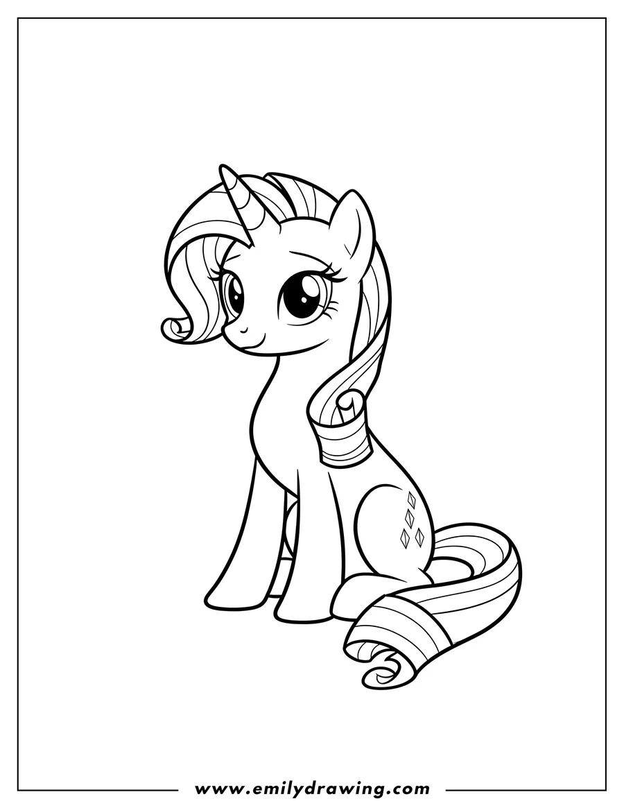 Vector style outline of simple Rarity Outline, a sitting unicorn with a gentle expression