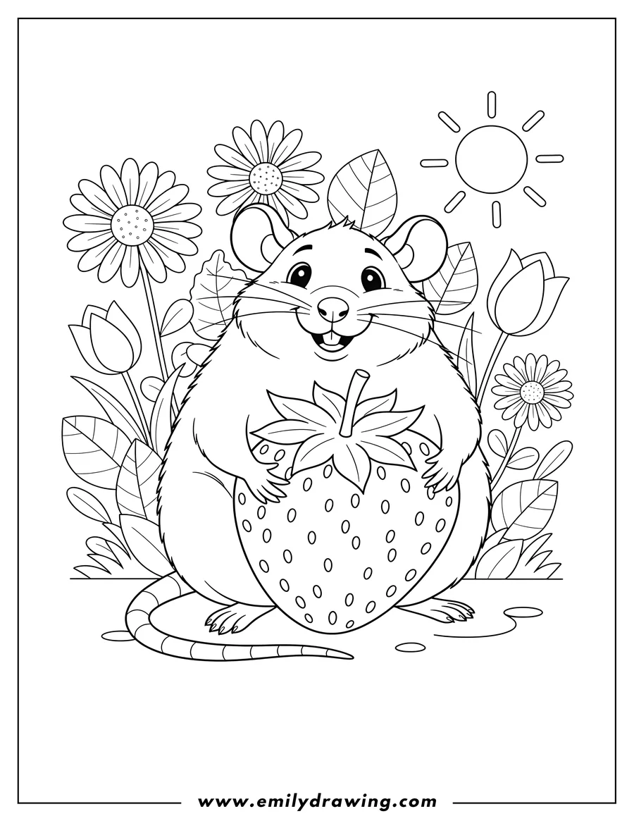High quality printable cute smiling rat sitting and hugging a giant strawberry in a flower garden for coloring