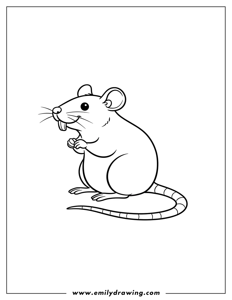 Free printable coloring sheet of simple Rat Outline Sitting Sideways with Buck Teeth and Long Tail Preschoolers