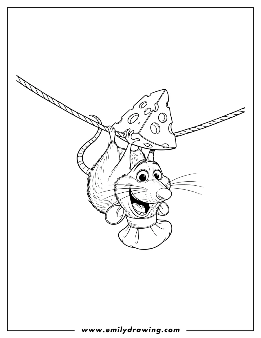 High quality printable ratatouille gleefully hanging while holding a large slice of cheese above its head for coloring