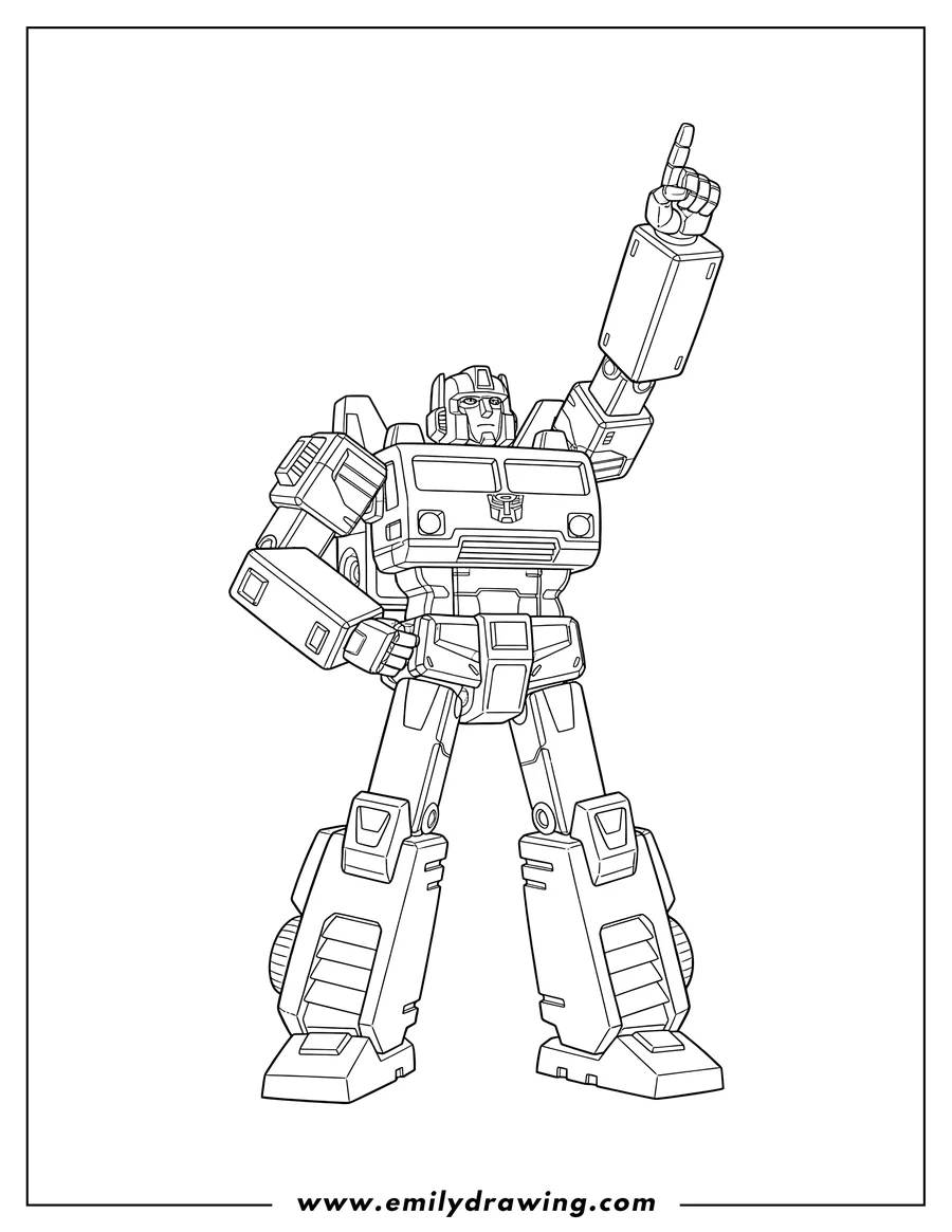 Linear illustration of ratchet From Transformers Cartoon, standing tall and pointing up