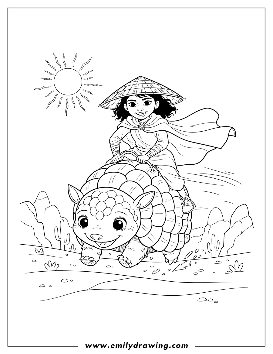 Clean line drawing: raya riding Tuk Tuk Desert, wearing a conical hat and a flowing cloak