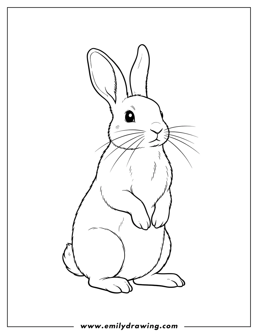 Downloadable coloring page of simple Outline Realistic Rabbit Standing with Ears Up and Whiskers