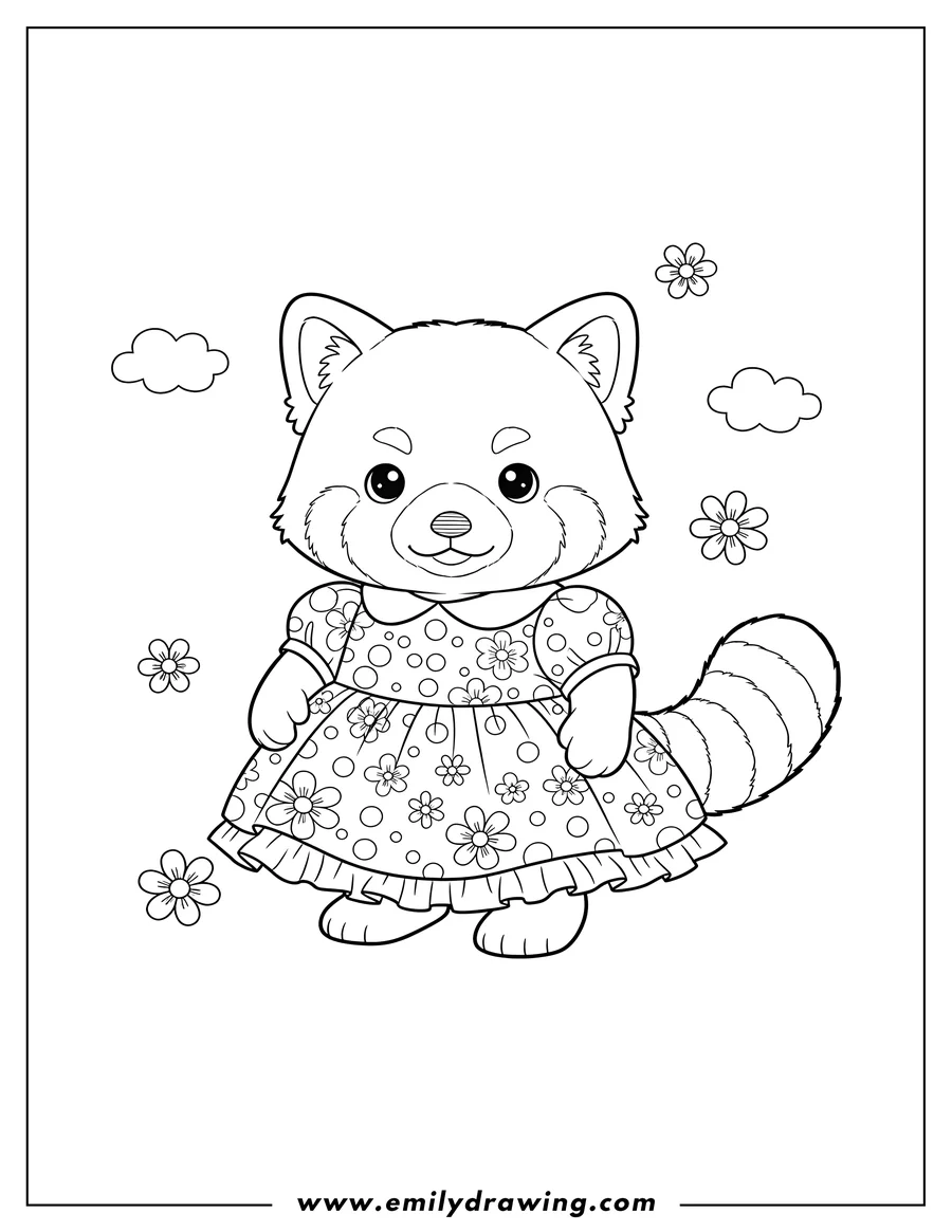 Coloring sheet featuring calico Critters Red Panda wearing a dress with a striped tail