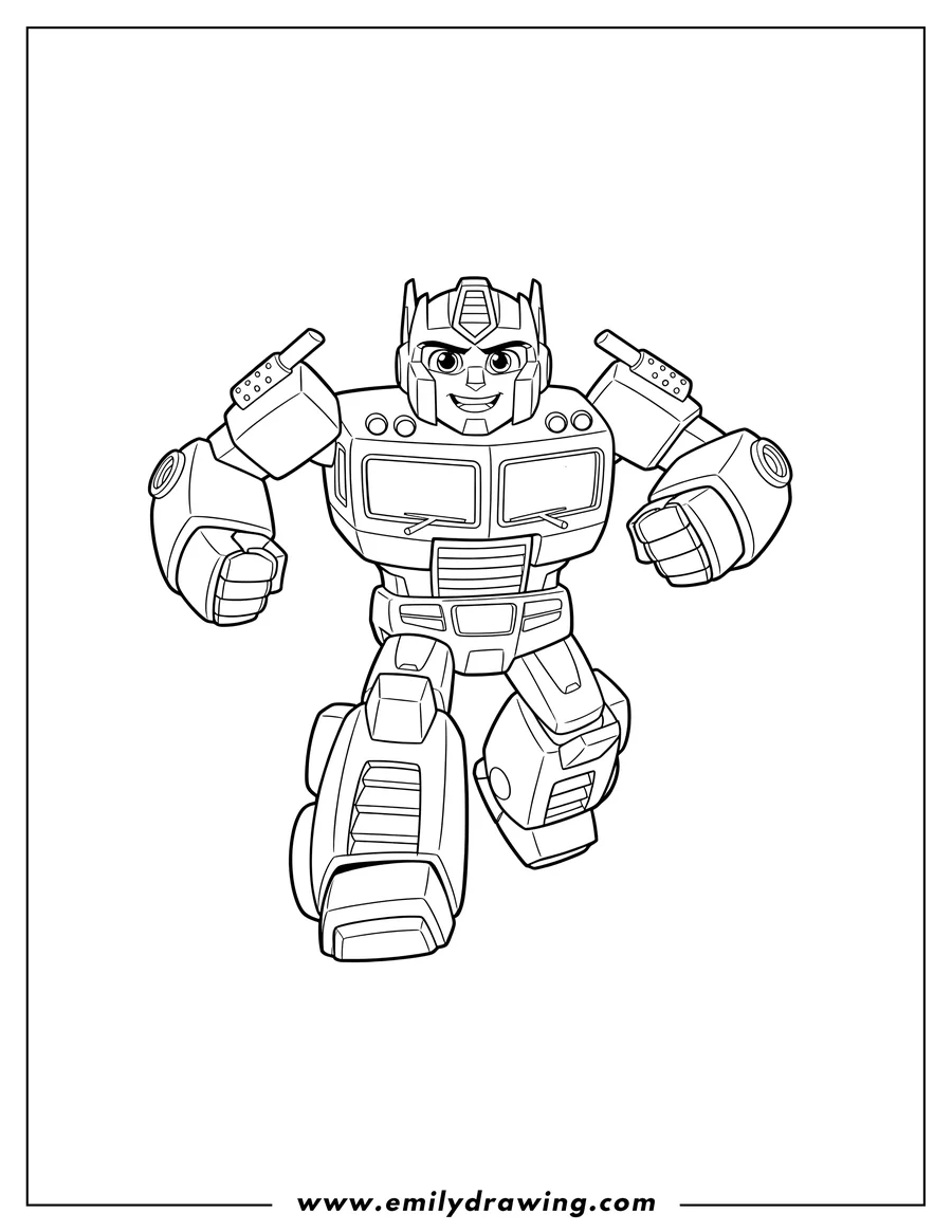 Coloring sheet featuring rescue Bots Optimus Prime Cartoon, running with clenched fists
