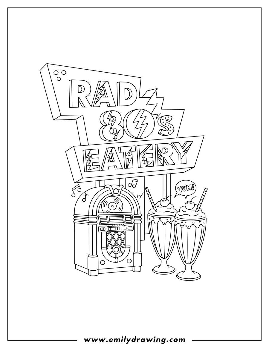 Linear illustration of retro 80s Diner sign above a jukebox and milkshakes