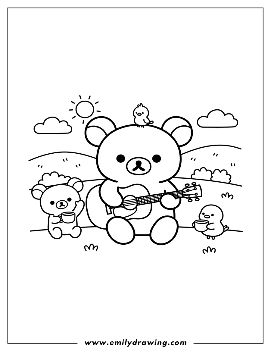 Coloring sheet featuring rilakkuma Playing Guitar with a small bird on his head, while Korilakkuma holds a cup and waves, and Kiiroitori holds a cup