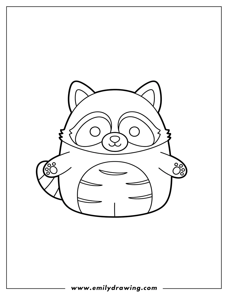 Downloadable coloring page of rocky Raccoon Squishmallow, front-facing coloring page