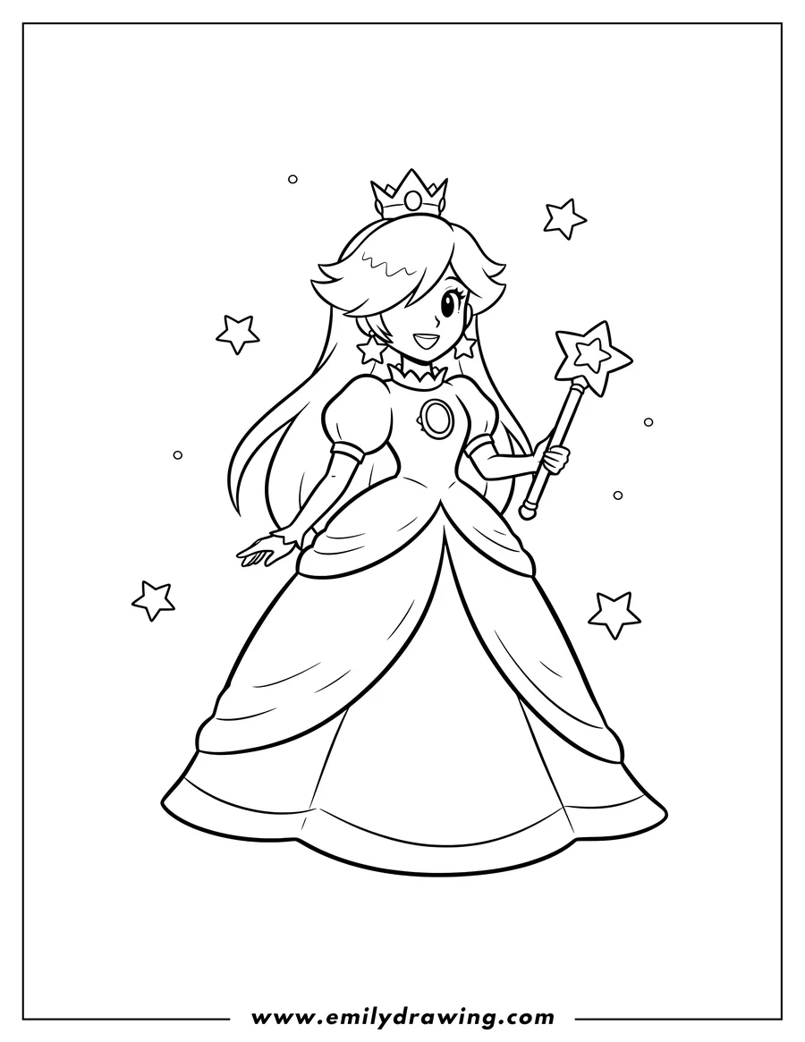 Printable coloring page of simple Rosalina standing with her crown and dress for preschoolers