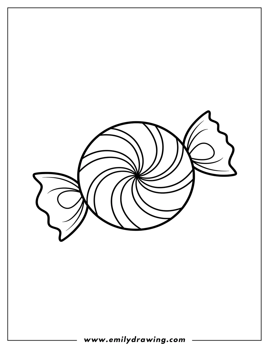 Printable coloring page of simple round mint candy with a swirl pattern, wrapped at both ends, to color