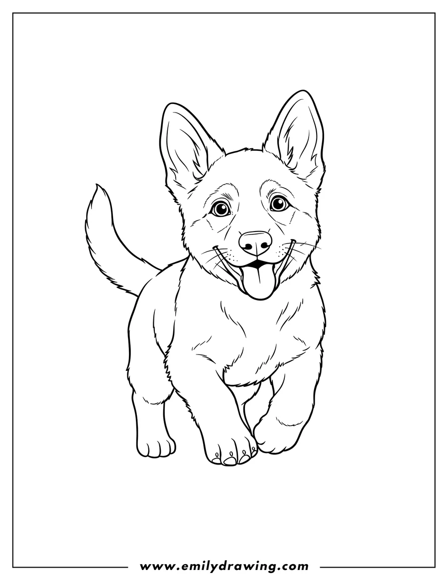 High quality printable simple Outline German Shepherd Puppy happily running with one paw up for coloring