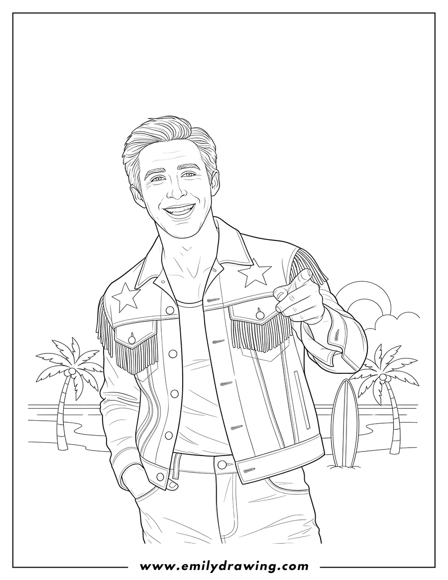 Coloring sheet featuring ryan Gosling As Ken From Barbie Movie, smiling and wearing a jacket