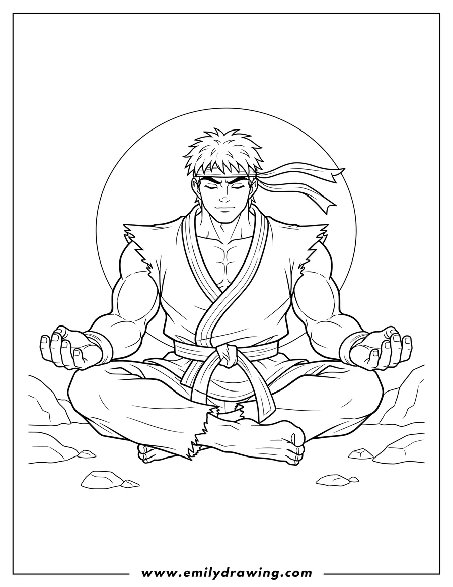 High quality printable ryu Meditating, sitting cross-legged with his eyes closed for coloring