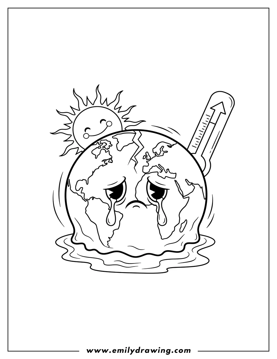Downloadable coloring page of sad Earth Melting From Rising Temperature, with sun and thermometer