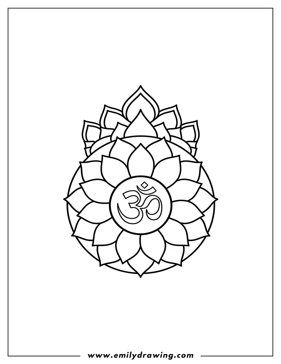 Outline drawing of simple Sahasrara Crown Chakra with Om symbol and lotus mandala