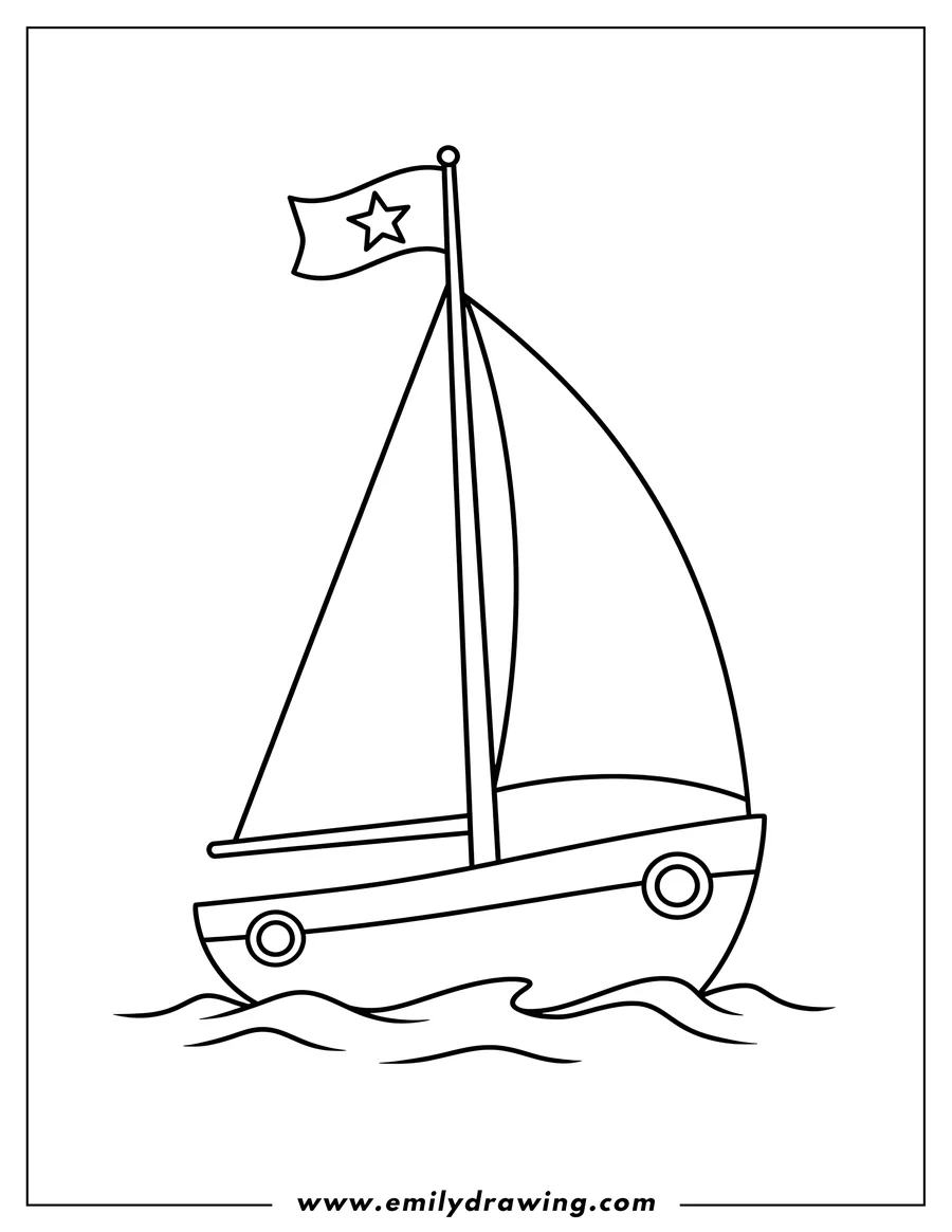 Downloadable coloring page of simple To Color Sail Boat Scaled with a flag and portholes, on wavy water