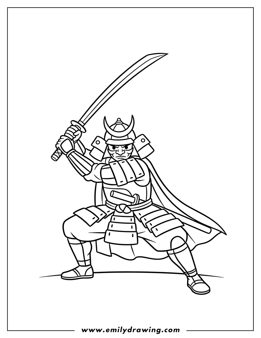 Simple sketch of simple Samurai in armor and helmet, crouching with his sword raised to color