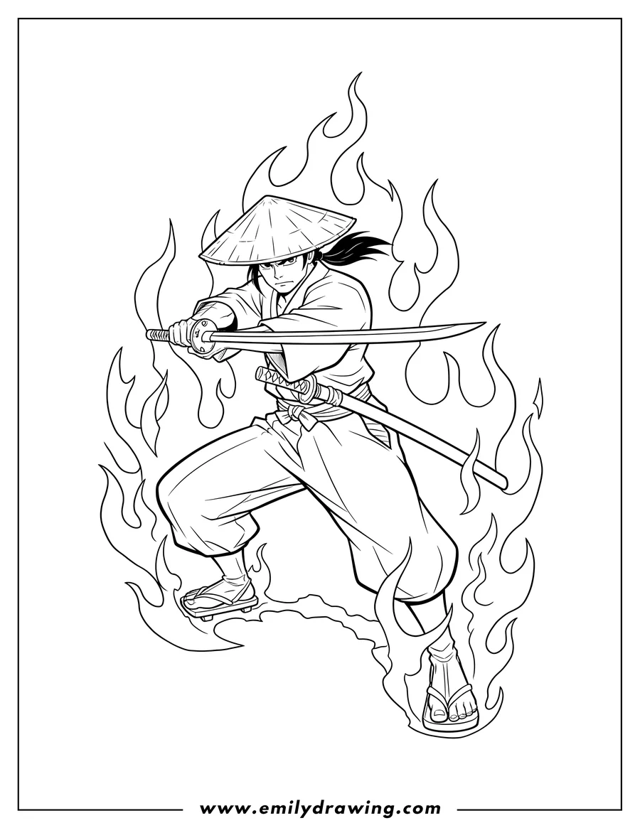 Printable coloring page of samurai Jack, with his katana drawn and in a fighting stance, surrounded by flames