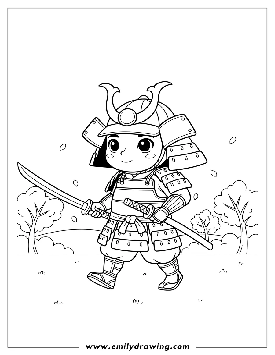 Linear illustration of samurai taking a walk, holding a long sword