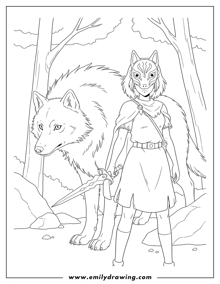 Vector style outline of san wearing a mask, holding a dagger, with Moro the giant wolf