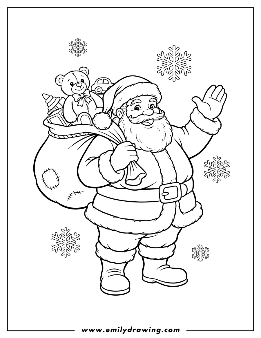 Black and white line art of santa Claus