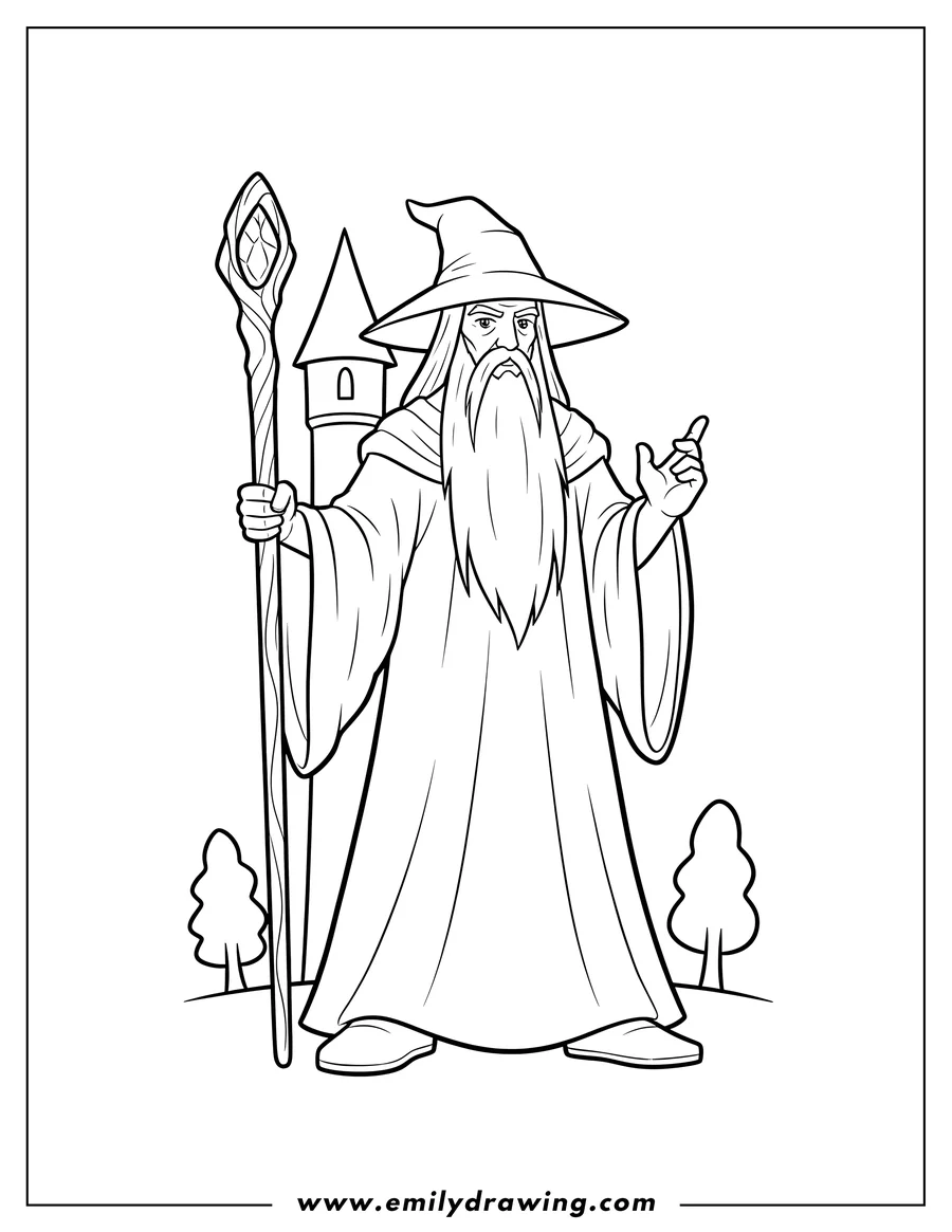 PDF style coloring page: simple Lord Rings Saruman, holding a staff