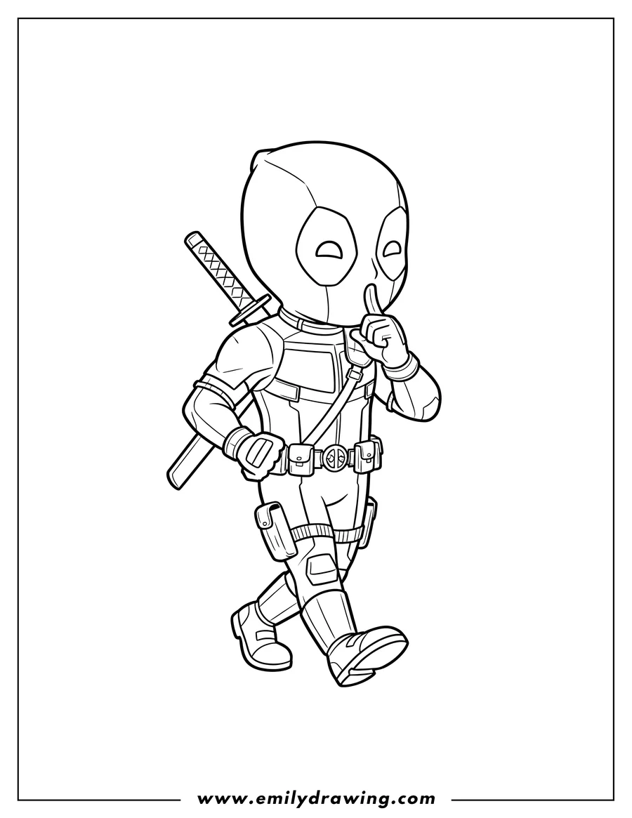 Outline drawing of sassy Deadpool walking with finger to mouth
