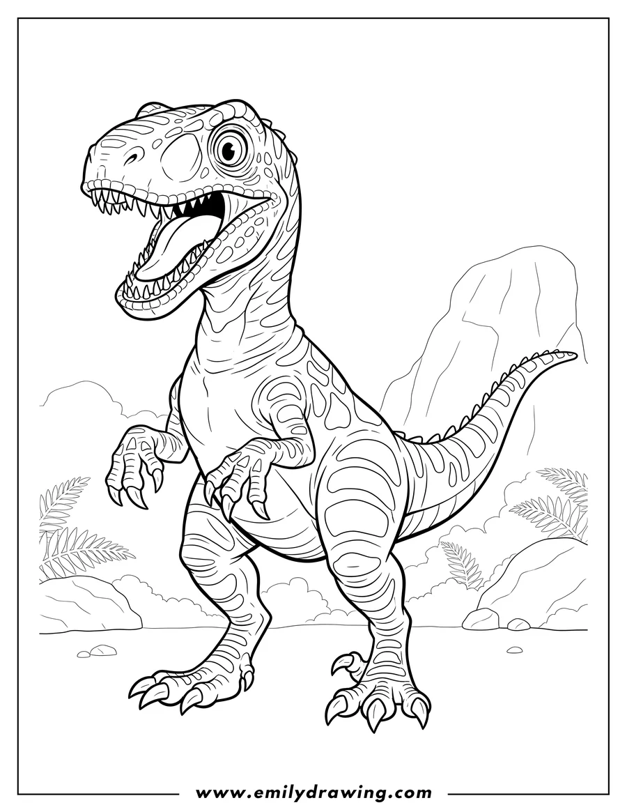 Downloadable coloring page of scaled Velociraptor standing, mouth open, showing sharp claws