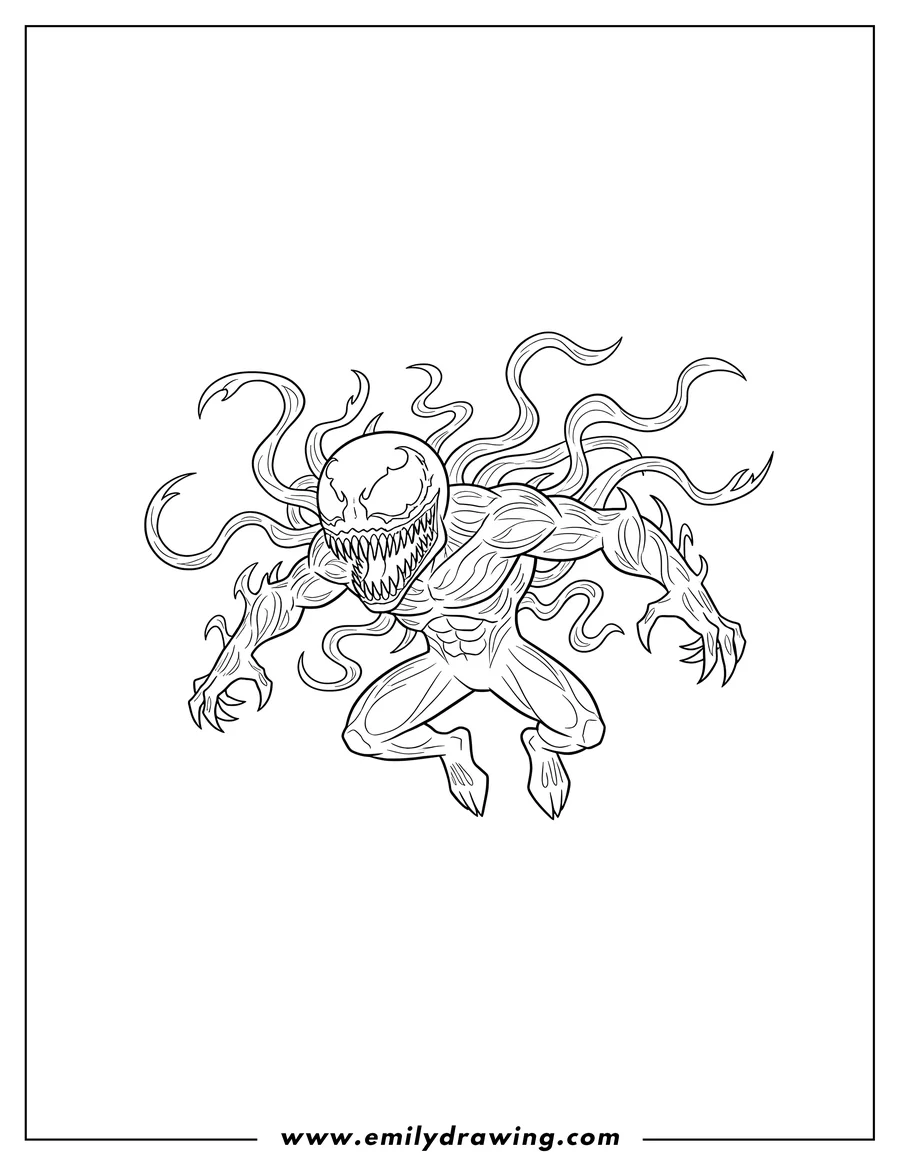Black and white line art of scary Carnage Outline, lunging with sharp teeth and flowing tendrils