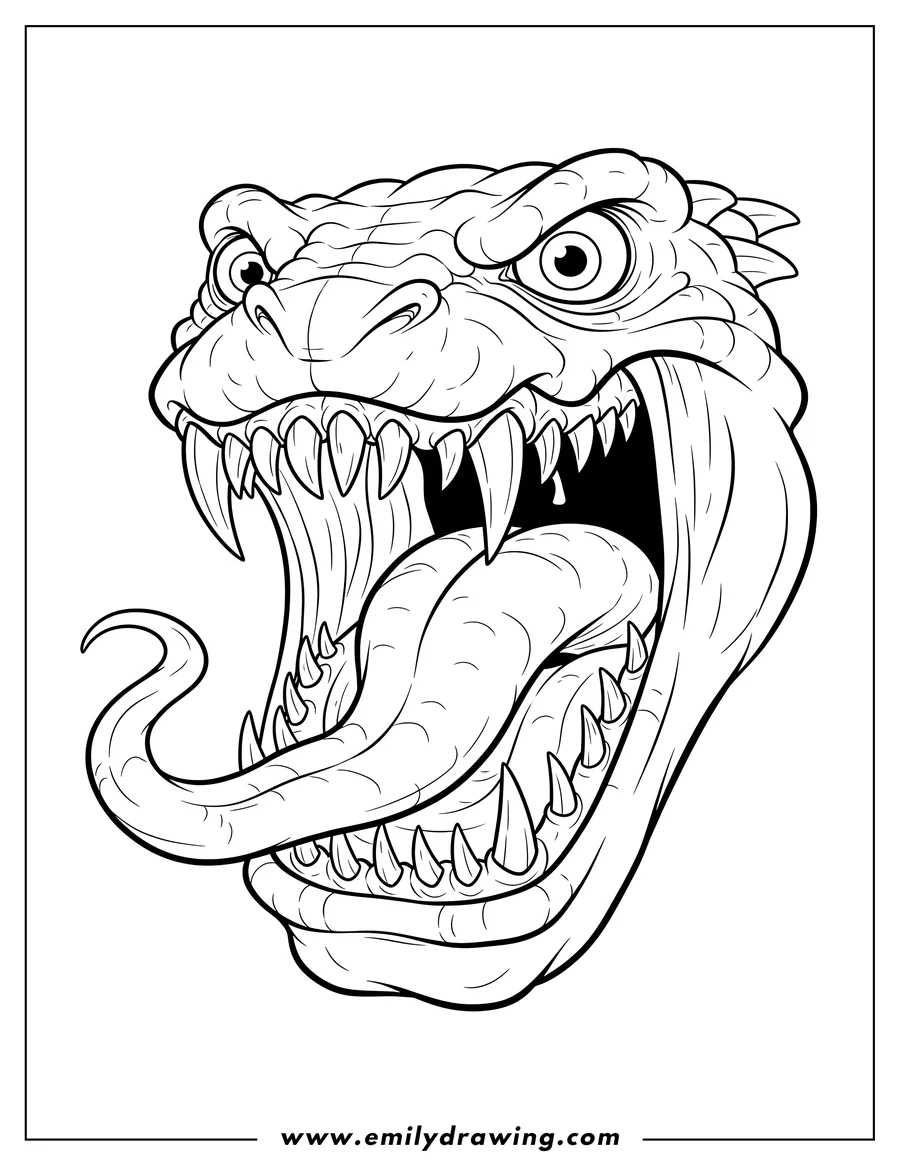 Clean line drawing: scary Close Up Carnage with Wide Open Mouth, Sharp Teeth, and Long Tongue Out