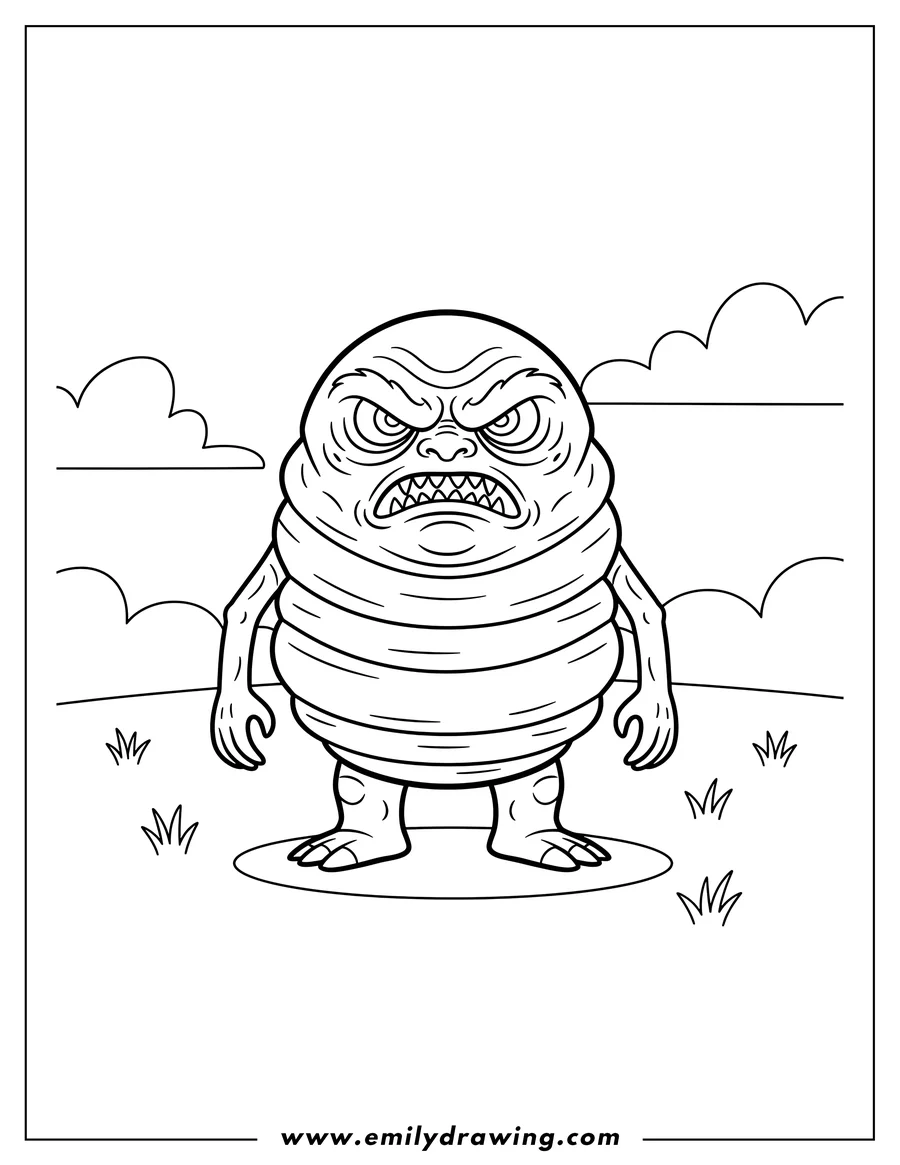 Linear illustration of scary Zygon Standing On Field, with an angry expression and rings on its body