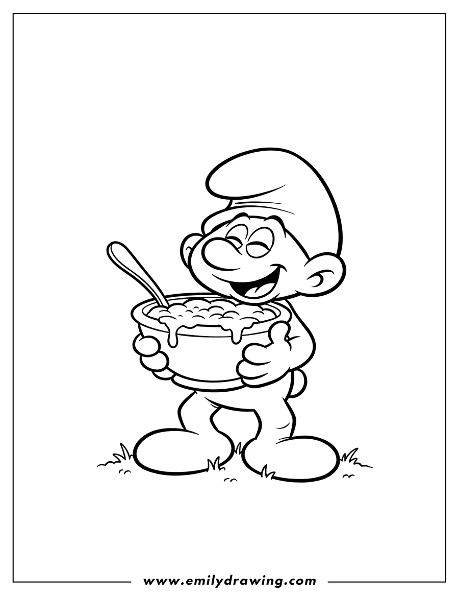 PDF style coloring page: schleich Greedy Smurf holding a pudding