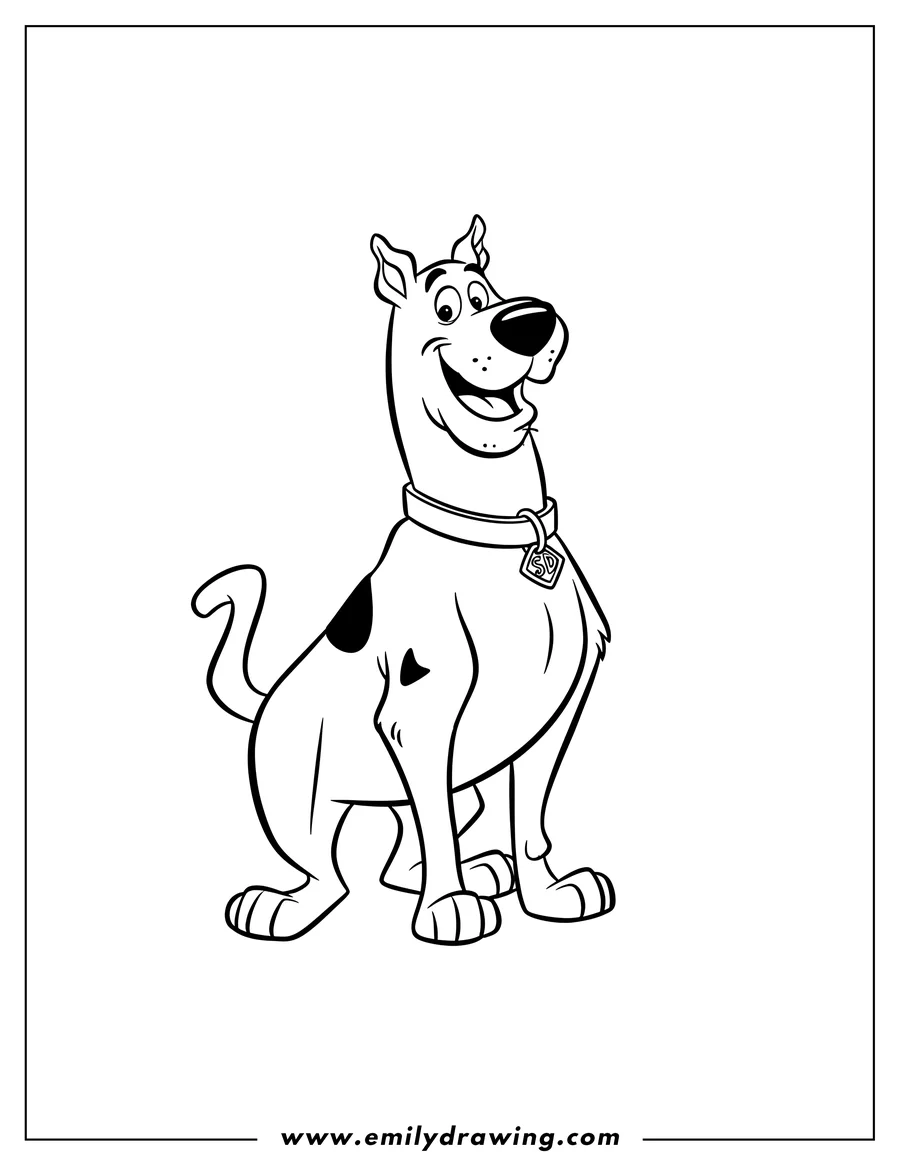 Outline drawing of simple Scooby Doo standing and smiling