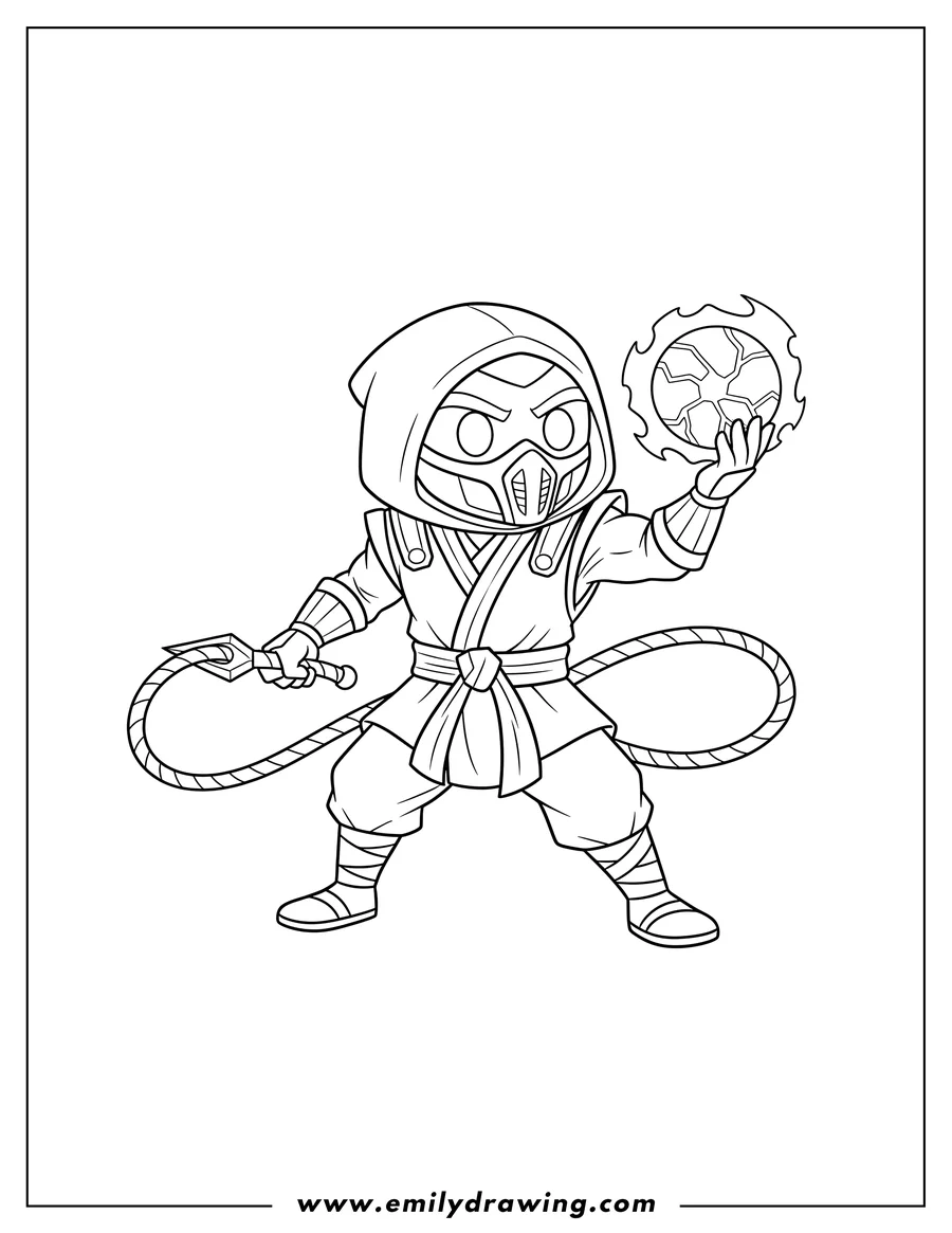 Simple sketch of simple Mortal Kombat Scorpion, holding an energy ball and raising his arm to color