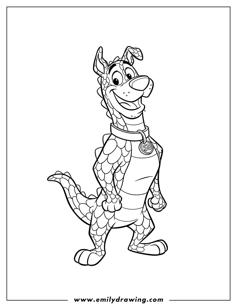 Vector style outline of scrappy Doo Scaled, standing and smiling with his collar