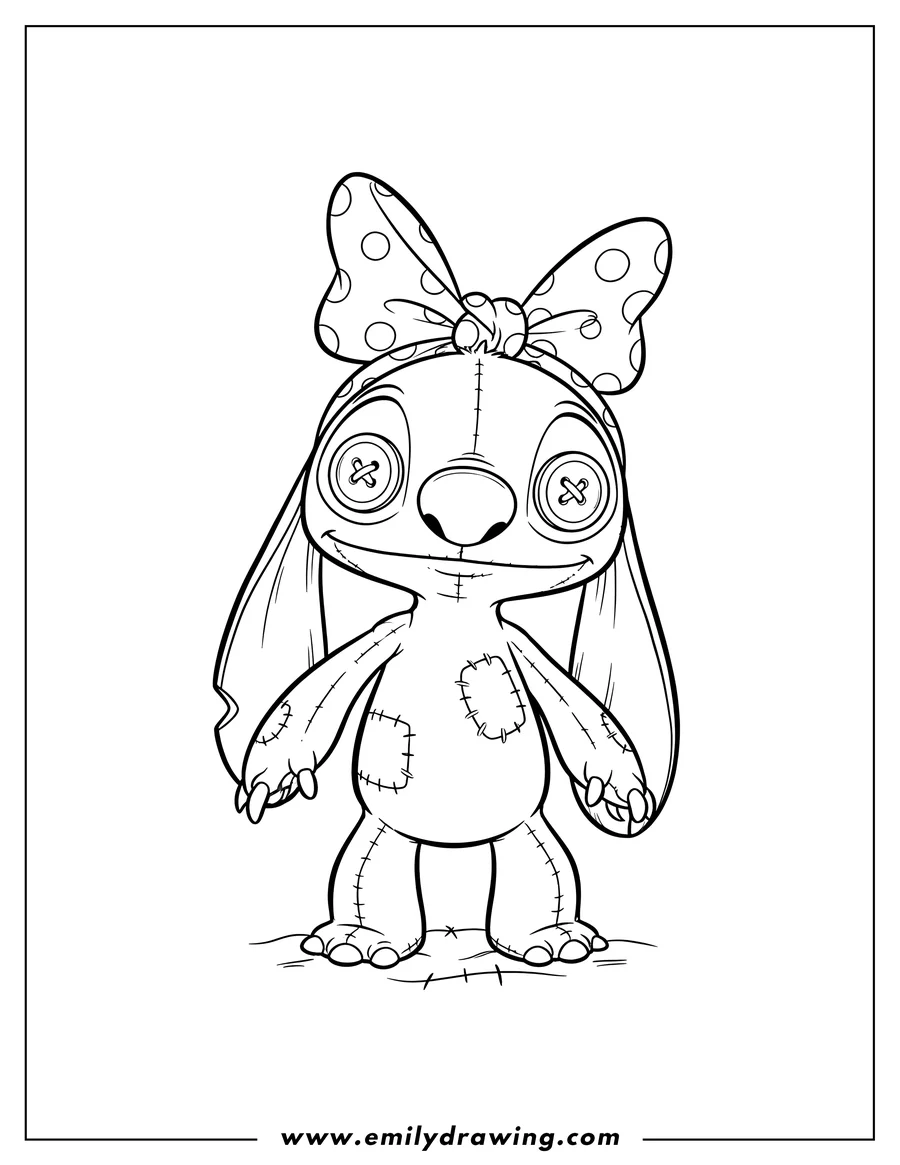 Black and white line art of scrump Rag Doll with a bow, standing