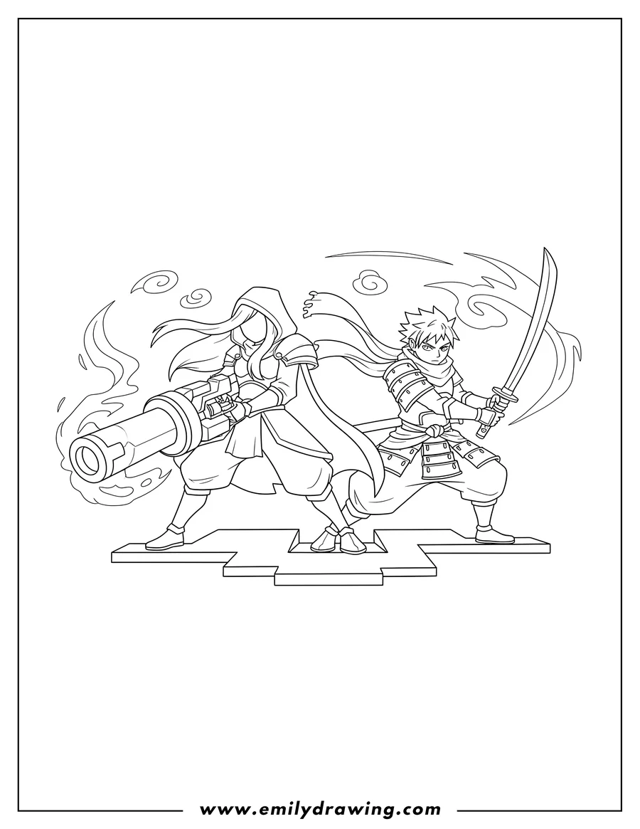 Printable line art of simple Senna and Yasuo Outlines, wielding their weapons