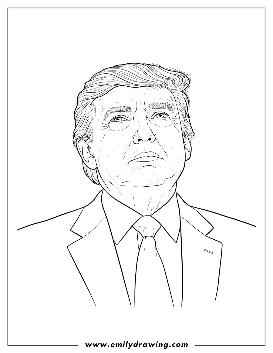 Clean line drawing: coloring page of a serious Donald Trump portrait, looking up, wearing a suit and tie